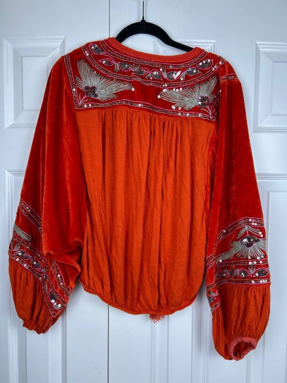 Free People Heart Aflame Top Women's Size Small Orange Sequin Balloon Sleeve - Picture 4 of 8